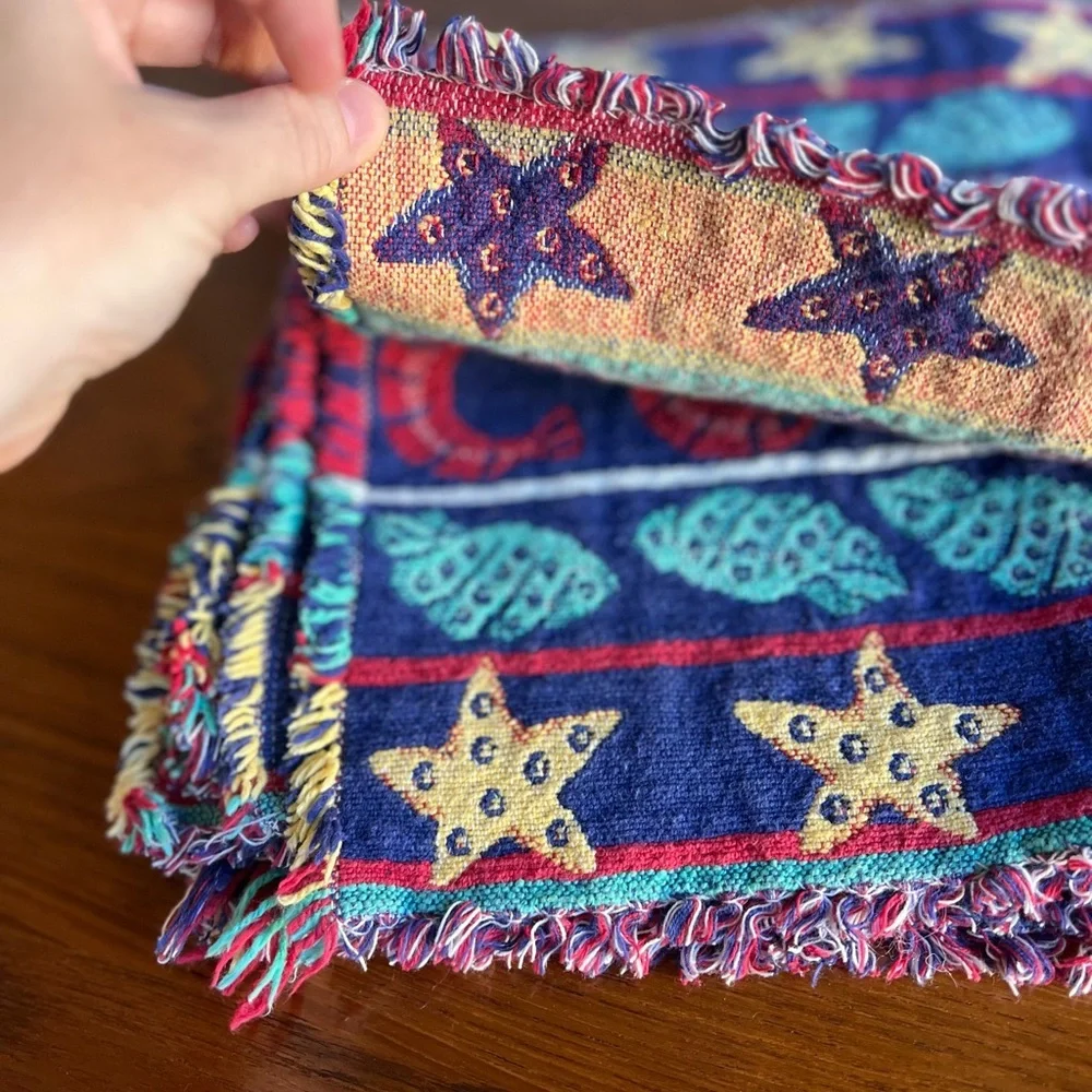Set of 8 Vintage Cotton Woven Coastal Placemat Seashell Design Nautical 80s-90s